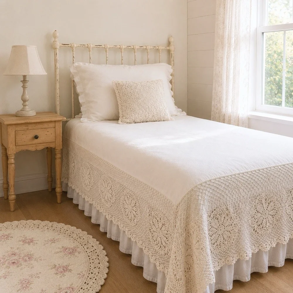 Vintage Hand Crocheted Lace Flat Sheet 50x70